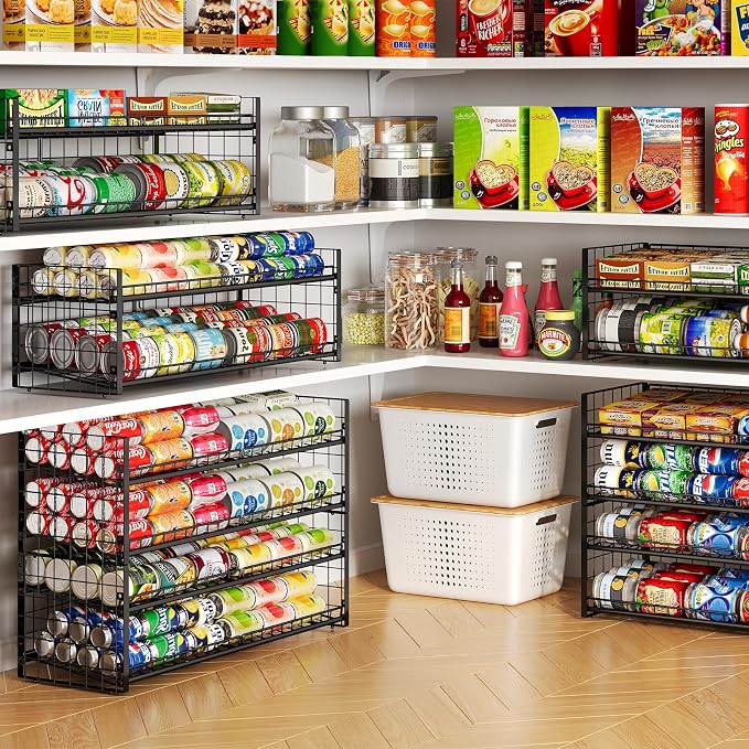 2-Pack Stackable Can Organizer for Pantry Shelf, Adjustable Extra-Long Rolling Can Rack for Kitchen Cupboard Storage, Sturdy Standing Can Holder for Canned Food Goods Soda up to 100, 2 Tier, Black