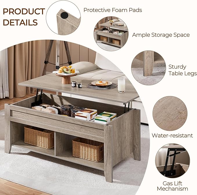 Yaheetech Lift Top Coffee Table, Coffee Table with Hidden Storage Compartment & Lower Shelf, 39.5in Center Table for Living Room, Office, Grey