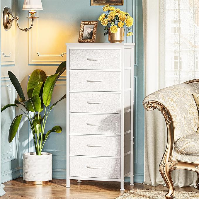 Huuger Tall Dresser for Bedroom, Stable 6 Drawer Dresser with Anti-Tip Device, PU Leather & Fabric Drawers, Tall Nightstand for Closet, Nursery, Storage Tower for College Dorm High Beds, White