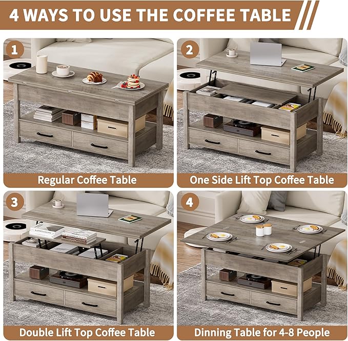 42'' Lift Top Coffee Table, 4-in-1 Multifunctional Lift Coffee Table with Storage & Hidden Compartments, Farmhouse Coffe Table with Lifting top for Living Room, Dining Reception Room, Grey