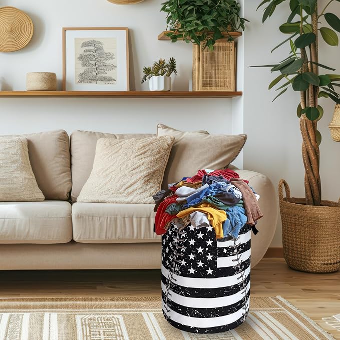Baseball Textures Laundry Basket Foldable Oxford Cloth American Flag Laundry Hamper With Handle Portable Clothes Storage Organizer Basket 18.9X16.5 Inch Storage Bag For Laundry Room/Bathroom/Bedroom