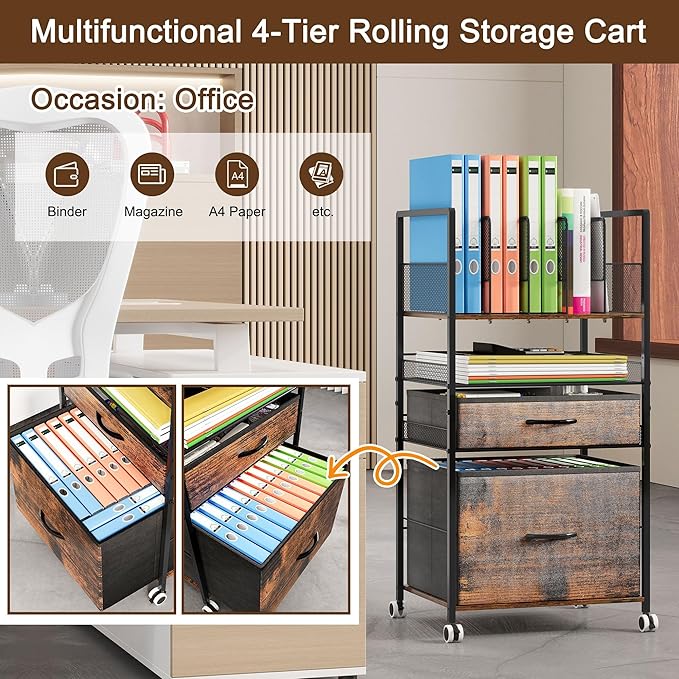 Rolling Storage Cart with 2 Drawers, 4 Tier Heavy Duty Utility Cart with Adjustable Dividers & Wheels, Mobile Storage Cabinet for Home, Office, Classroom, Coffee Bar, Black/Antique