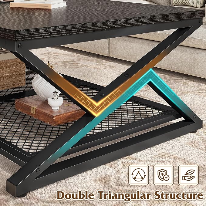 EnHomee Black Coffee Table with Storage, Modern Coffee Tables with Mesh Shelf, 2 Tier Minimalist Industrial Center Table for Living Room, Office, 47.2 Inch, Black Oak