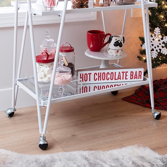 Gina White Mid-Century Bar Cart with Mirrored Shelves and Locking Wheels by Linon