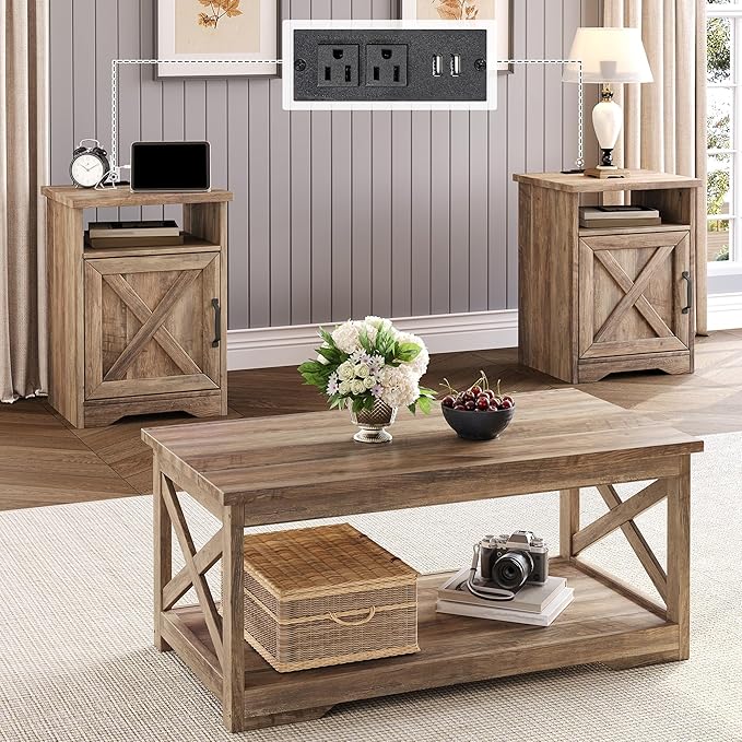 3-Piece Farmhouse Living Room Table Sets, Includes 1 x Coffee Table, 2 x End Tables with Charging Station & USB Ports, Rustic Coffee Table Set of 3, Barnwood