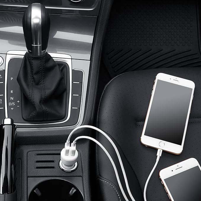 Amazon Basics 24W Dual USB Car Charger for Phones, 2-Port USB-A with LED Indicator, Small Size, Low Profile, Compatible with iPhone 16/15/14/13/12/11/X, Samsung, and more, Black/Red