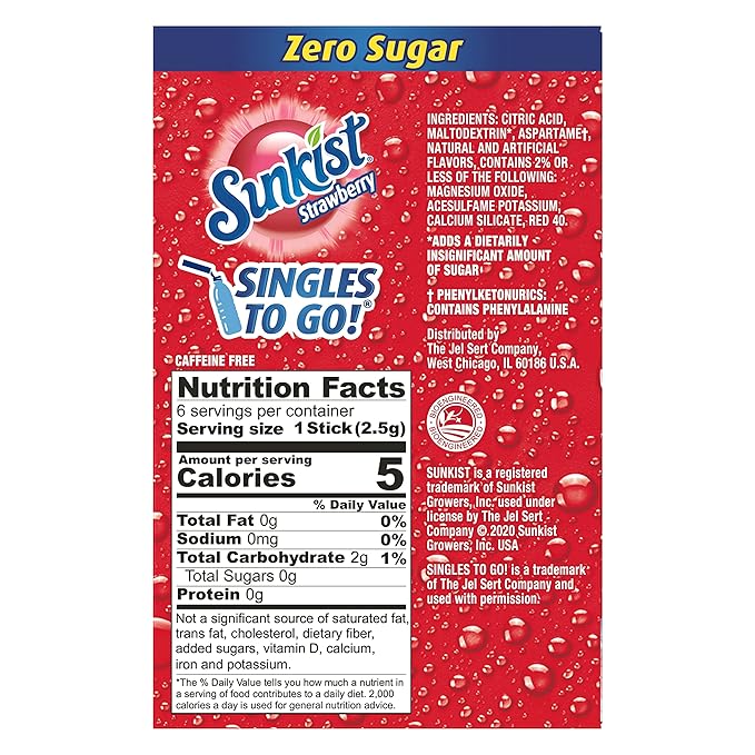 Sunkist Singles-To-Go Drink Mix, Strawberry, Non-Carbonated, Low-Calorie, Zero Sugar, 6 CT in each box (Pack of 6)