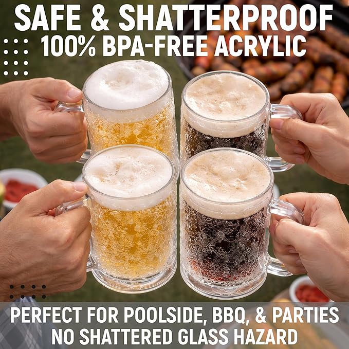 Frozen Beer Mugs (Set of 2), 16oz Double Wall Gel Freezer Cups with Handle, Acrylic Frosty Ice Stein for Cold Drinks, Break-Resistant Insulated Beer Mug for Dad, Men, Pool Parties & BBQ