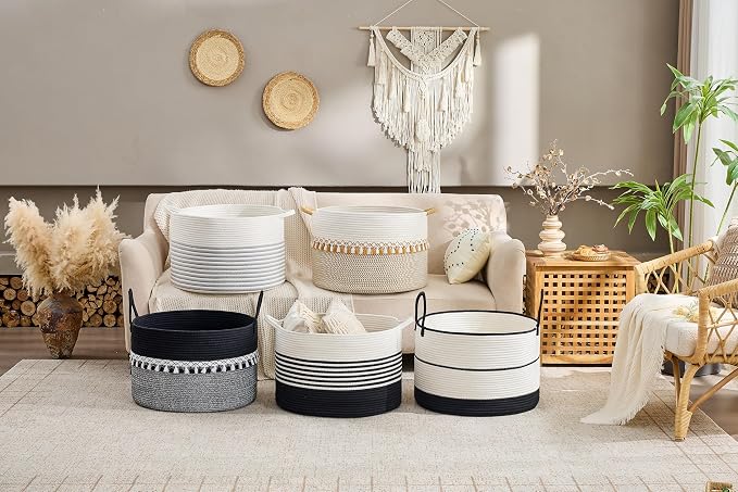 KAKAMAY Cotton Rope Storage Basket (20"x13"),Woven Hamper for Blankets,Toys,Pillows,Clothes,Laundry,Sturdy Handles Decorative Basket for Living Room, Bedroom,Nursery(Black/Black Fringe)