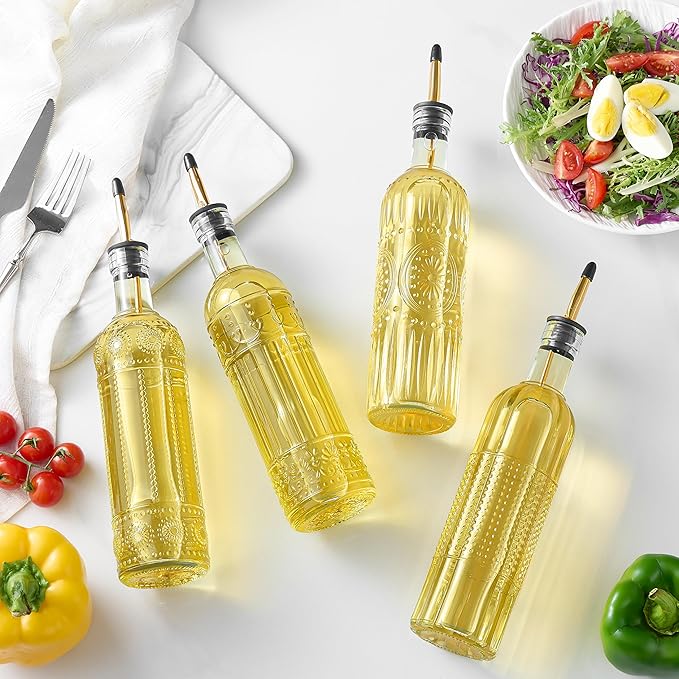 4 Pcs Olive Oil Dispenser Bottle for Kitchen,17oz Clear Glass Oil and Vinegar Dispenser Bottle Set, Classic Coffee Syrup Dispenser with 4 Stainless Steel Spouts and 1 Funnel (Round)