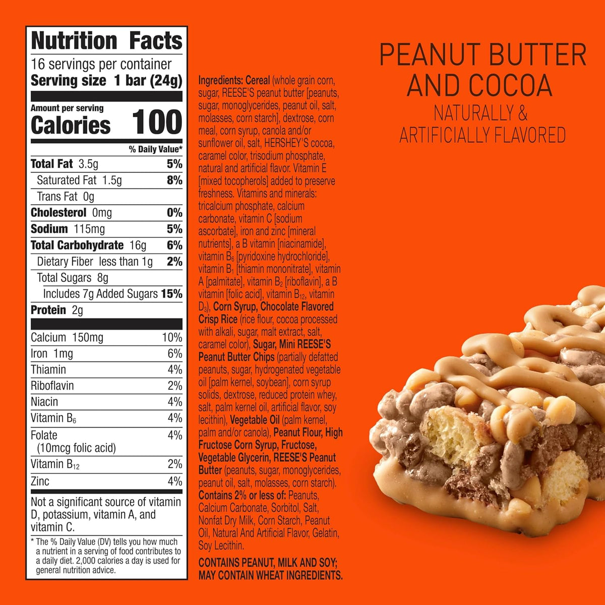REESE'S Puffs Cereal Treat Bars, Peanut Butter and Cocoa, Snack Bars, Value Pack, 16 Ct, 13.6 oz