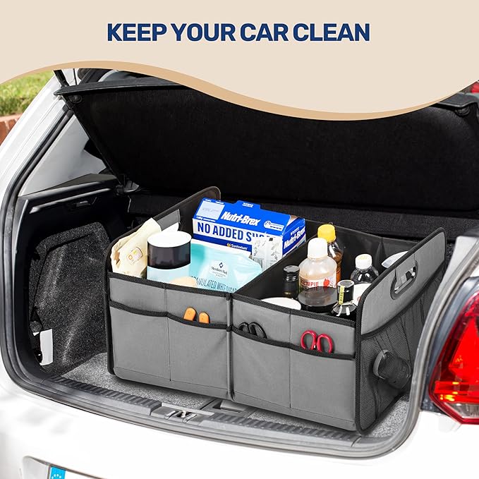 YSSOA Trunk Organizer for Car/SUV/Truck, Collapsible 2 Compartment Automotive Storage Box, 600D Waterproof Oxford Polyester 50L Travel Accessories, Anti-slip & Leak-proof, Grey