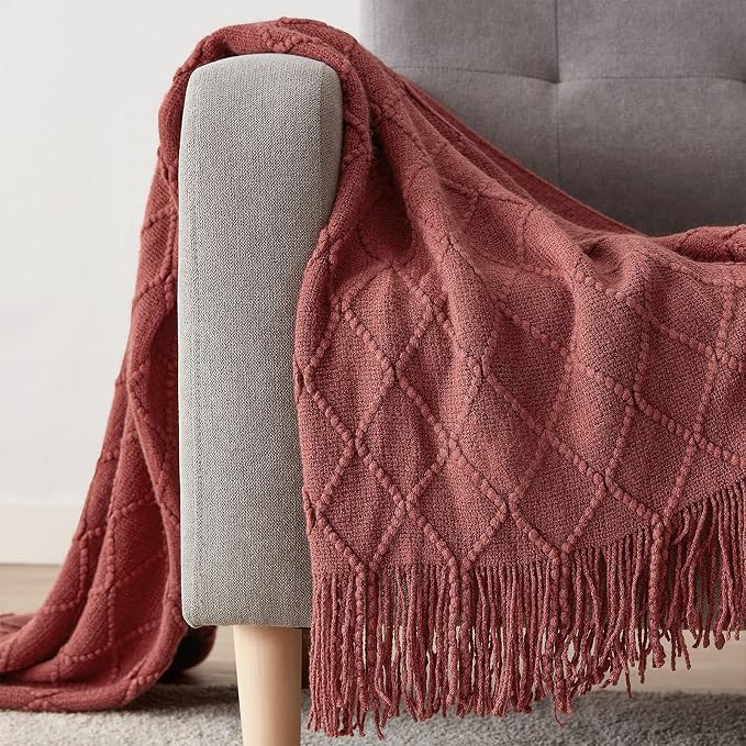BOURINA Burgundy Throw Blanket 60x80 Inches Throw Textured Solid Soft Sofa Throw Couch Knitted Decorative Blanket
