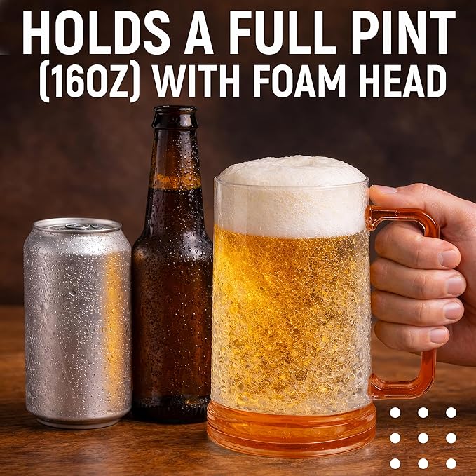 Beer Mugs for Freezer (Set of 4), 16oz Double Walled Glasses, Frozen Cooling Cups with Color-Coded Handles, Break-Resistant Acrylic Frosty Insulated Beer Mug for Dad, Men, Pool Parties & BBQ