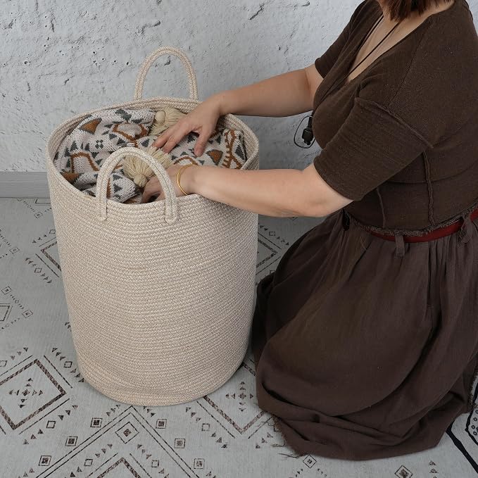 XUANGUO Cotton Rope Laundry Basket Hamper for Clothes Woven Storage Basket for Living Room Bedroom Boho Tall Rope Baskets for Blanket Toys Pillow Towels Baby Nursery Hamper Bin Large oatmeal