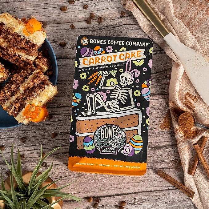 Bones Coffee Company Carrot Cake with Sweet Cream Cheese Flavored Coffee, Medium Roast Low Acid Arabica Beans Compatible with Auto drip and French Press Coffee Maker, 12 Oz Whole Bean