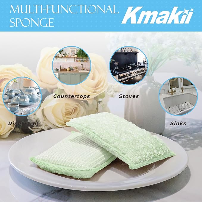 KMAKII Bamboo Kitchen Sponges Dish Sponge Super Absorbent Natural Dish Sponges, Green, Pack of 6