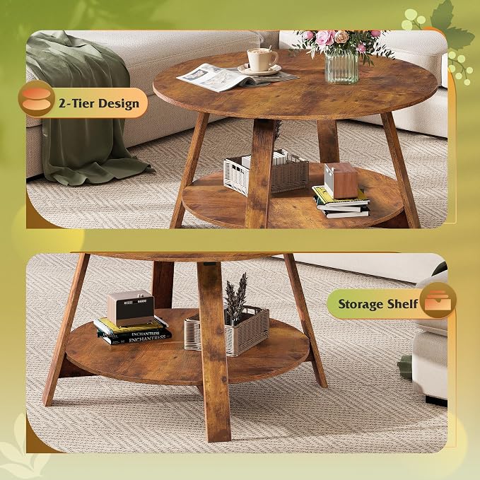 WLIVE Round Coffee Table, 2-Tier Wood Coffee Table with Storage Shelf, Tapered Legs, Circle Wood Small Center Table for Living Room, Apartment, Easy Assembly, Rustic Brown