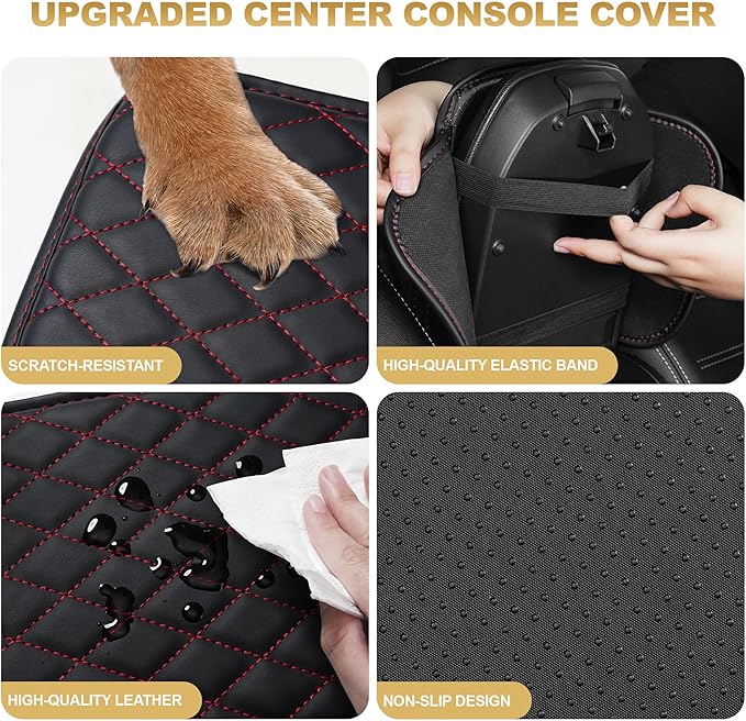Center Console Cover for Ridgeline: Armrest Cover for Car with 2 Storage Bags - Scratch & Wear Resistant & Waterproof Leather Console Cover,Anti-Scratch Auto Armrest Pad Accessory （Black&Red