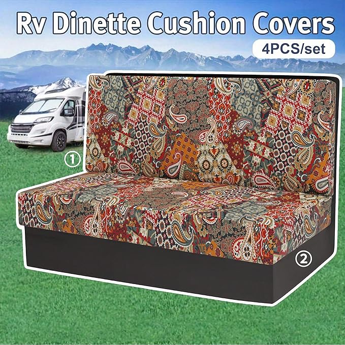 RV Dinette Cushion Covers, Stretch Table Seat Slipcovers, Replacement Washable Camper Couch Cushion Slipcovers for Bench Seats, RV Camper Car 1 Backrest Cover & 1 Bench Cover,Geometry 2