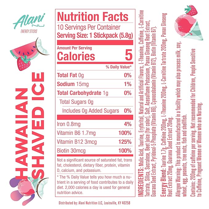 Alani Nu HAWAIIAN SHAVED ICE, Energy Sticks Drink Powder, 200mg Caffeine, Pre Workout Performance with Antioxidants, On-The-Go Drink Mix, Biotin, B Vitamins, Zero Sugar, 5 Calories, 10 Pack