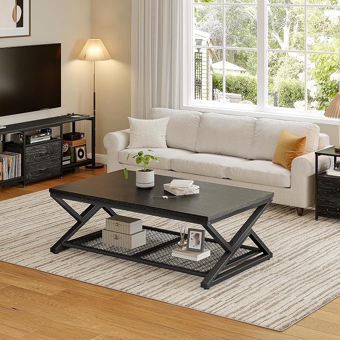 EnHomee Black Coffee Table with Storage, Modern Coffee Tables with Mesh Shelf, 2 Tier Minimalist Industrial Center Table for Living Room, Office, 47.2 Inch, Black Oak