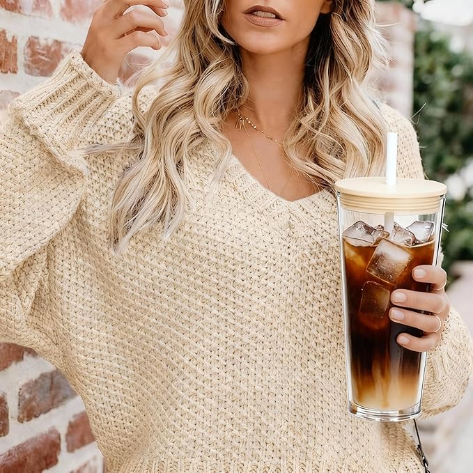 24oz Tumbler with Lid and Straw, Leak Proof and Double Wall Insulated Reusable Plastic Cups,Travel Reusable Iced Coffee Cup (1, White)