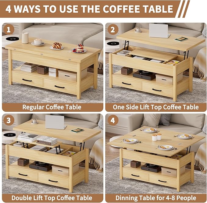 42'' Lift Top Coffee Table, 4-in-1 Multifunctional Lift Coffee Table with Storage & Hidden Compartments, Farmhouse Coffe Table with Lifting top for Living Room, Dining Reception Room, Wood