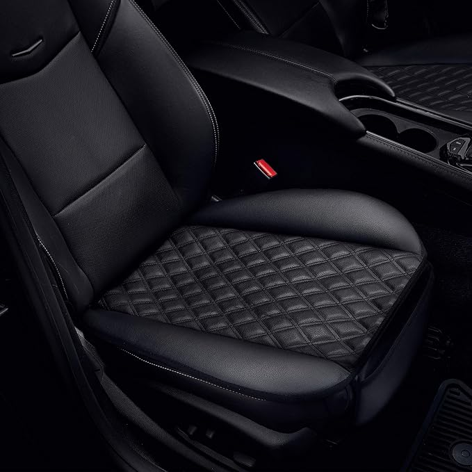 FH Group Faux Leather Seat Cushion Pad with Front Pocket Front Set – Universal Fit for Cars Trucks & SUVs (Black)
