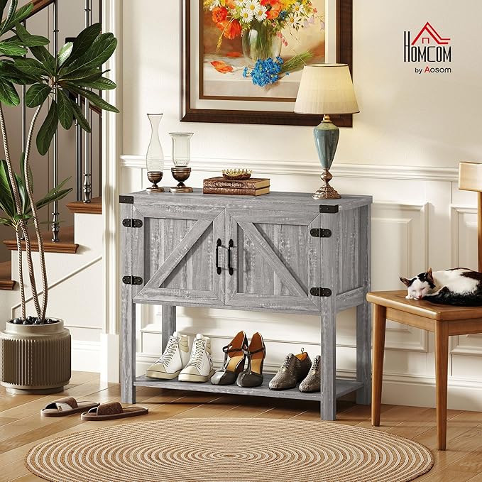 HOMCOM Farmhouse Double Door Coffee Bar Cabinet, Console Table, Sideboard Buffet Cabinet with Bottom Shelf for Entryway, Living Room, Stone Gray