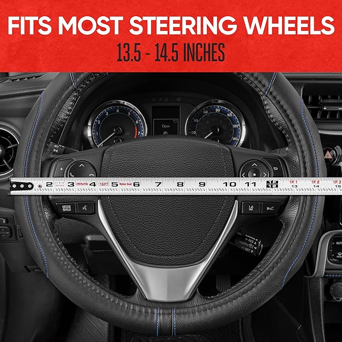 Motor Trend GripDrive Pro Synthetic Leather Auto Car Steering Wheel Cover Black w/ Blue Accent Stitching Comfort Grip - Small 13.5 to 14.5 inch
