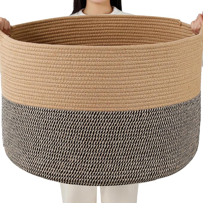 Foldable Laundry Hamper Basket with Collapsible Handle Cotton Rope Soft Woven Fabric Storage Organizer Clothes Toys Nursery Bedroom Dorm Space Saving Bin (Camel & Mix Camel, 80L(21.7"D x 13.8"H))