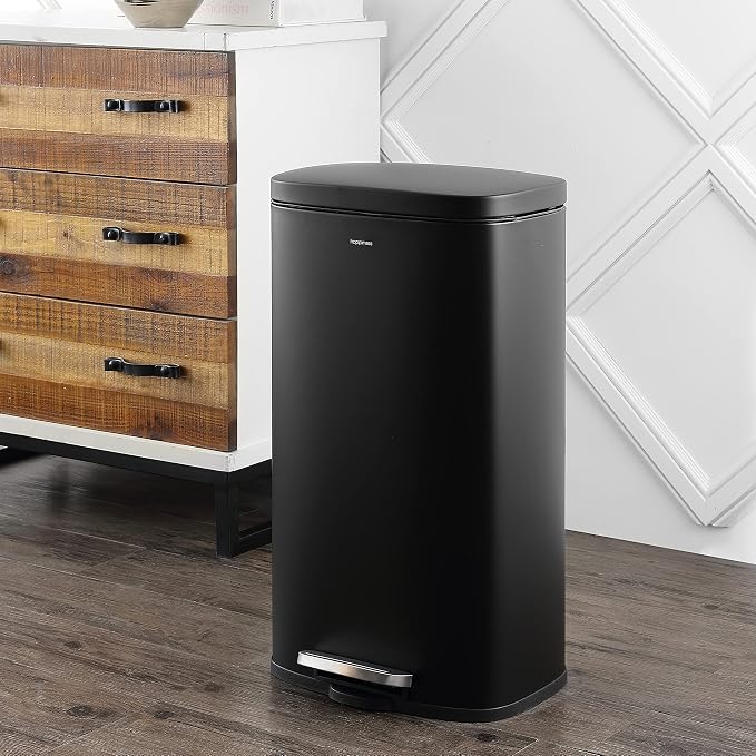 happimess HPM1011B Curtis 8-Gallon Step-Open Trash Can with Soft-Close Lid, Modern, Minimalistic, Fingerprint Proof for Home, Kitchen, Laundry Room, Office, Bedroom, Bathroom, Black