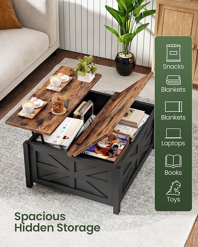 31.5" Lift Top Coffee Table, Farmhouse Coffee Table with Charging Station and Storage, 2 AC Outlets and 2 USB Ports, Black and Rustic Brown MKF02UBFN1
