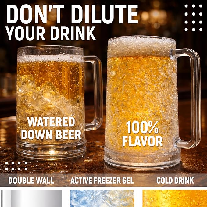 Freezer Beer Mugs Set of 4, 16 oz Double Wall Gel Mugs for Freezer, Acrylic Plastic Beer Stein with Handle, Ice Cold Glasses for Men, BBQ, & Pool Parties (Clear)