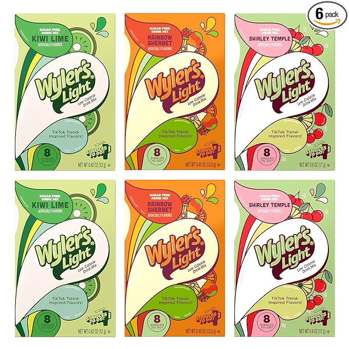 Wyler’s Light Water Flavoring Packets – Tropical Variety 6 Pack, 2 of Each Flavor – Kiwi Lime, Shirley Temple, Rainbow Sherbet – Sugar Free Singles To Go Drink Mix Packets – Flavored Water Enhancers