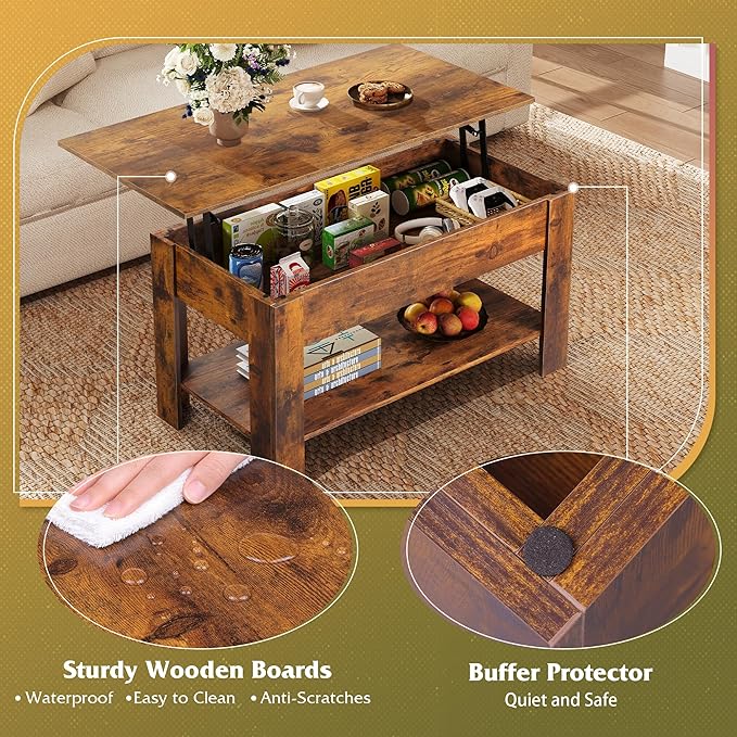 WLIVE Coffee Table, 39" Lift Top Coffee Table with Hidden Compartment, Storage Shelf and Lifting Top for Home Living Room, Office and Reception Room, Brown