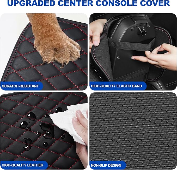 Center Console Cover for Canyon: Armrest Cover for Car with 2 Storage Bags - Scratch & Wear Resistant & Waterproof Leather Console Cover,Anti-Scratch Auto Armrest Pad Accessory （Black&Red