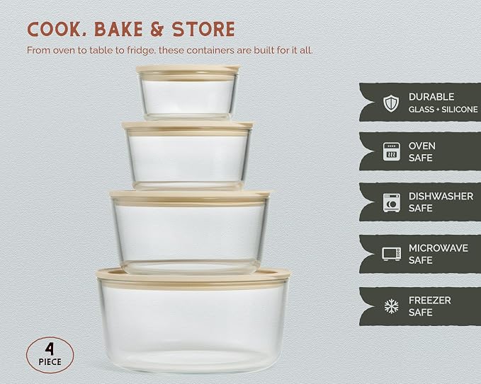 Vase and Vessel Non-Toxic Glass Storage Container Set, Borosilicate Glass, Tempered Glass Lids, Baking Pan, Airtight with Vents, Microwave, Oven & Dishwasher Safe (Circular, Set of 4)