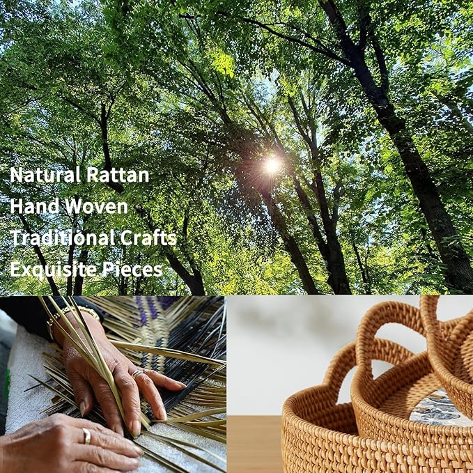 Mothers Day Gifts Set – 3 Handwoven Rattan Trays with Natural Shell Inlay, Boho Decorative Wicker Serving & Coffee Table Trays with Handles for Home Decor, Candles, Snacks & Holiday Entertaining