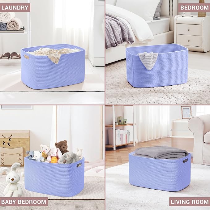 60L Small Baby Girls Laundry Basket for Nursery Storage,Cute Woven cotton Rope Baskets for Kids Toy，Gifts, Boho Square Wicker Blanket hamper for Living Room,Bedroom Dirty Clothes,Blue Purple