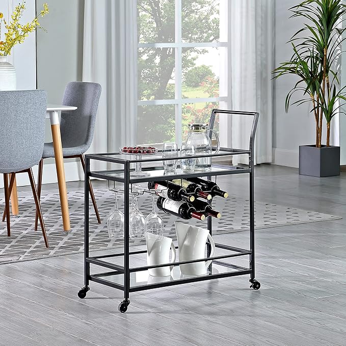 FirsTime & Co. Black Francesca Bar Cart, 2 Tier Mobile Mini Bar, Kitchen Serving Cart and Coffee Station with Storage for Wine and Glasses, Metal and Glass, Modern