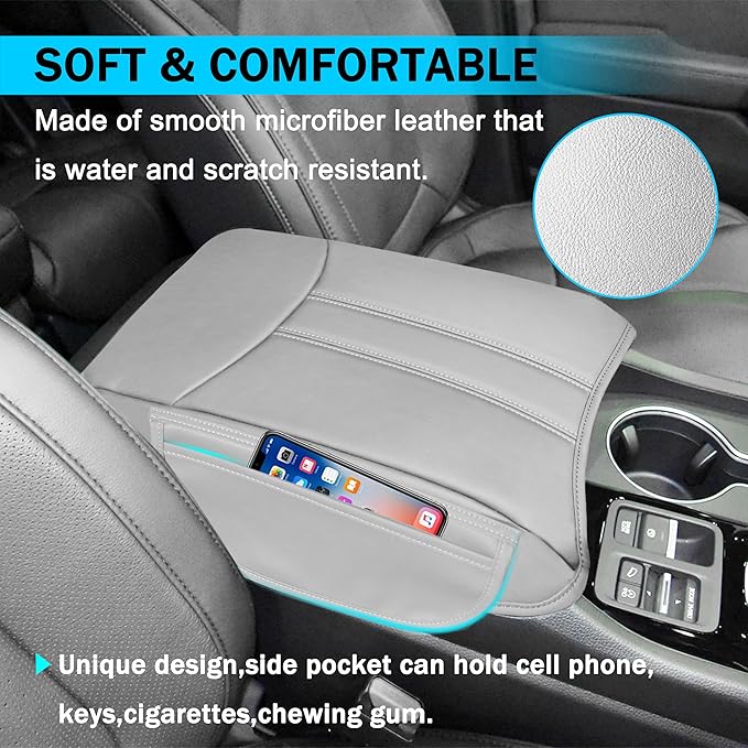 SENSHINE Armrest Cover for Honda Pilot Accessories 2023 2024 2025 2026 Center Console Cover Anti-Scratch Leather Armrest Protector Middle Console Pad with Side Pockets for Honda Pilot (Gray)