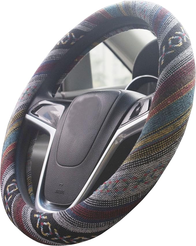 Medium Ethnic Style Coarse Flax Cloth Automotive Steering Wheel Cover Anti Slip and Sweat Absorption Auto Car Wrap Cover (14.5''-15'',E)