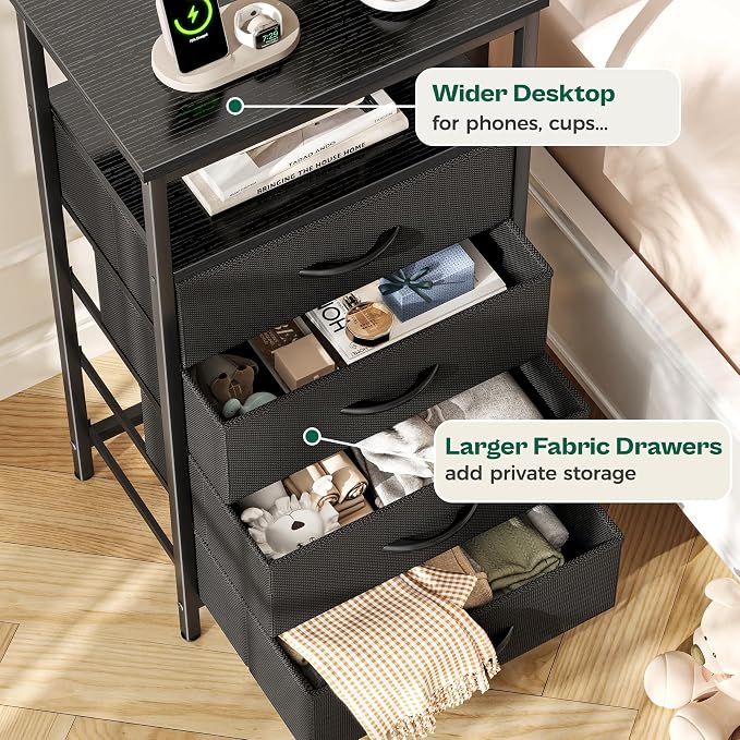 Huuger Night Stand with Charger Station and LED Lights, 4 Drawer Nightstand, Bed Side Table with Open Shelf, End Table, Fabric Dresser for Bedroom, Black