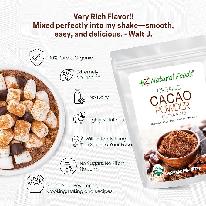 Z Natural Foods Organic Cacao Powder, Nutrition-Packed, Extra-Rich Dark Chocolate Flavor, Perfect for Chocolate Recipes, Shakes, or Smoothies, Non-GMO, Vegan, Gluten-Free, Kosher, 2 lbs