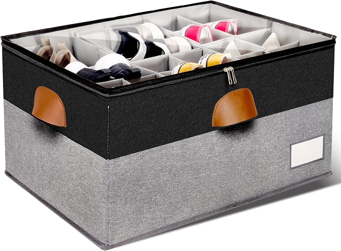 1 Pack Shoe Organizer for Closet, Adjustable Shoe Box Storage Containers, Large Foldable Shoe Bins with Clear Cover, Space Saving Shoes Holder with 4 Handles, Fits 12-24 Pairs, Black