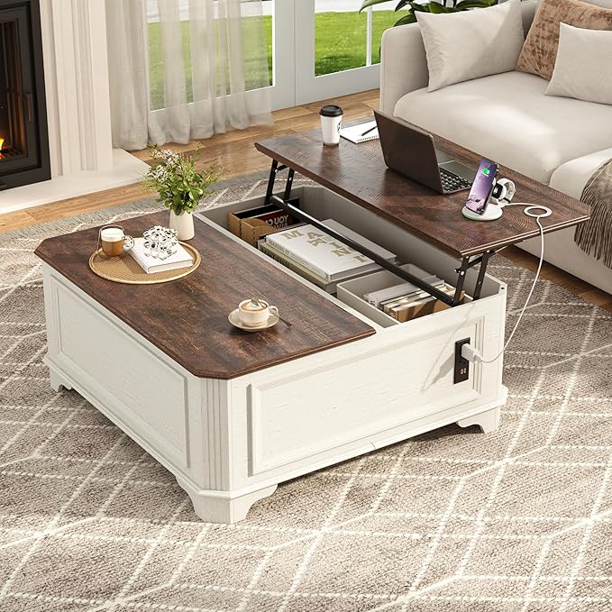St.Mandyu 40 Inch Farmhouse Lift Top Coffee Table with Charging Station & Hidden Storage - Square Center Table with Lifting Top, Large Storage Cabinet for Living Room, Bedroom, Home Office, White