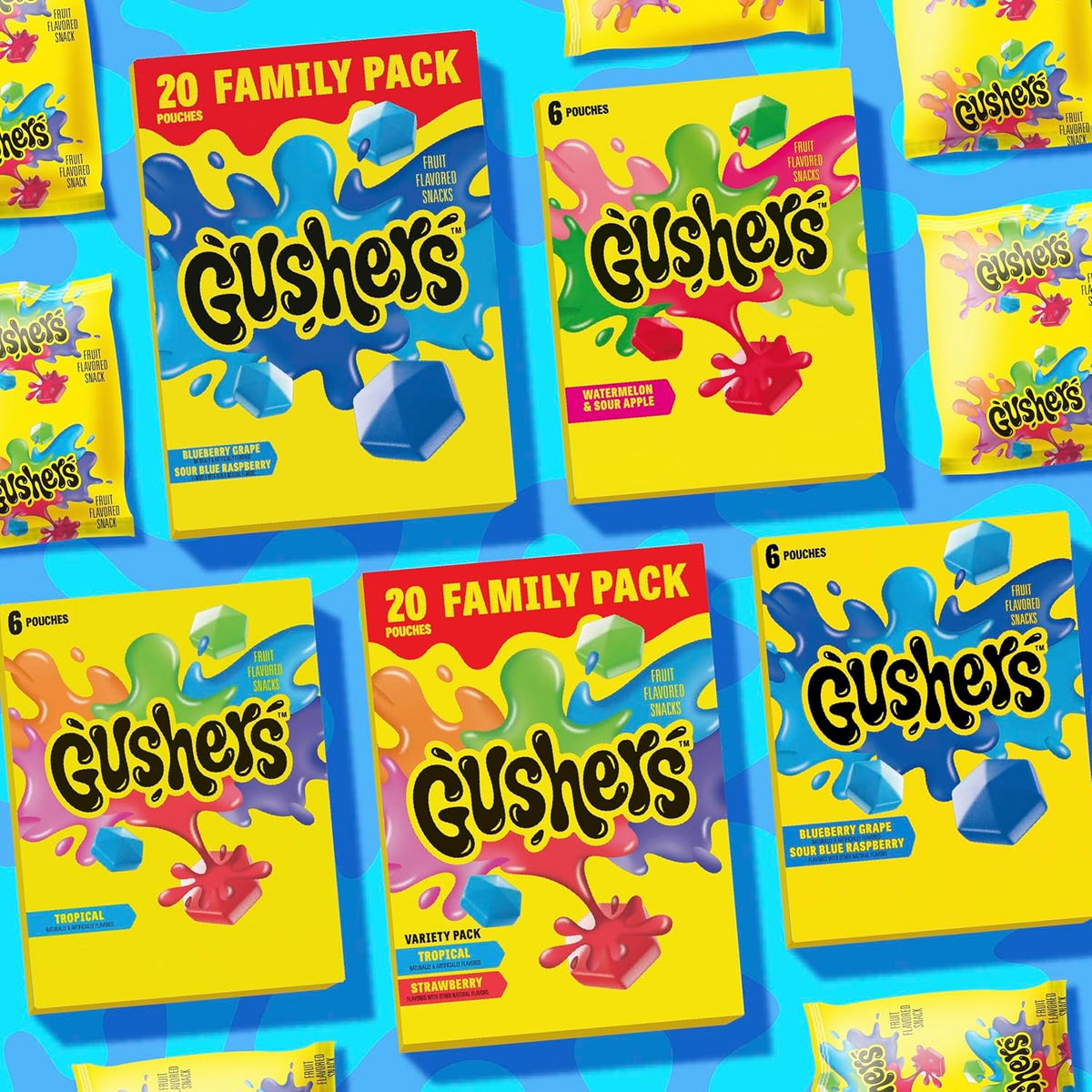 Gushers Fruit Flavored Snacks, Blueberry Grape, Sour Blue Raspberry, 20 Pouches, Family Pack, 16 oz