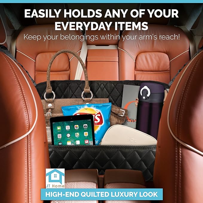 Car Net Pocket Handbag Holder Between Seats, Luxury Quilted PU Leather Purse Car Organizer With 2 Extra Pockets For Storage, Black
